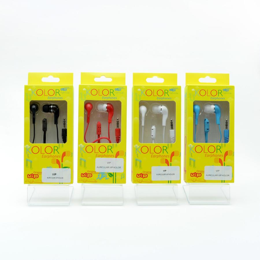 Se muestran cuatro paquetes de auriculares AURICULARES VIP KOLOR 3,5MM en negro, rojo, blanco y azul. Cada uno de ellos se presenta en un embalaje amarillo de marca con una ventana transparente que muestra los auriculares en su interior.