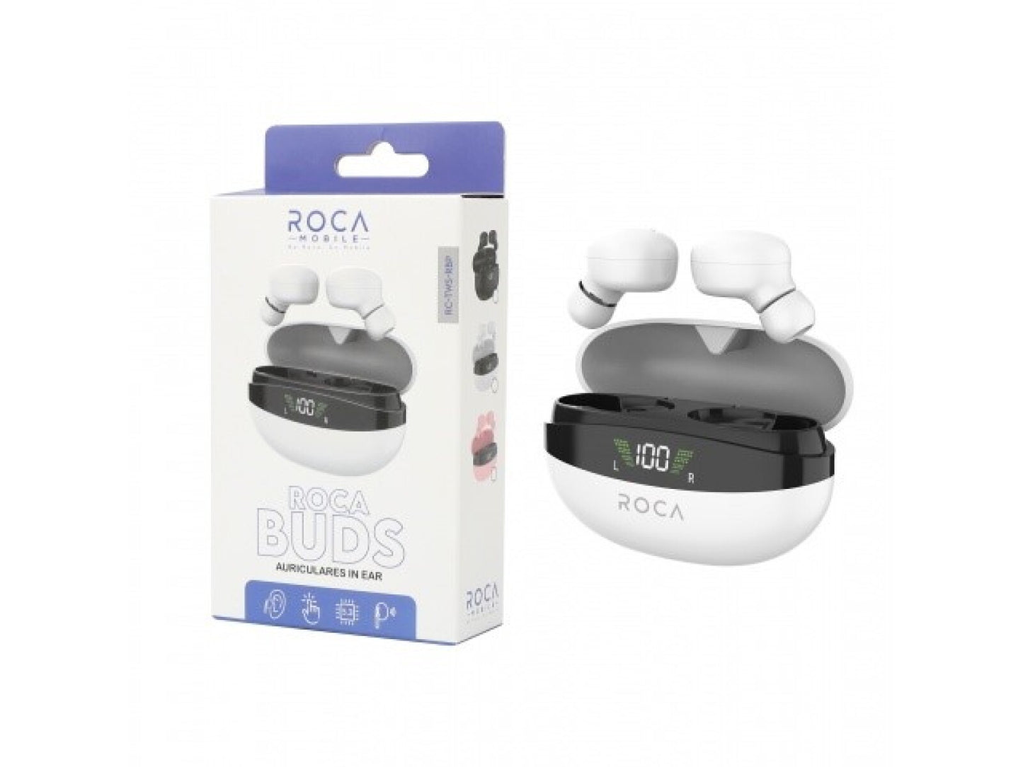 Los auriculares inalámbricos AURICULARES ROCA BUDS blancos con detalles en negro se muestran en un estuche de carga abierto junto a su embalaje, que muestra los auriculares y la información de la marca.