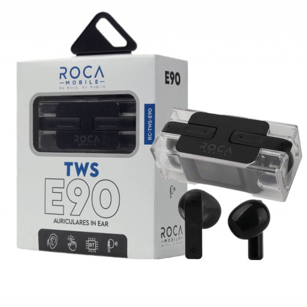 Un par de auriculares inalámbricos AURICULARES BLOOX TWS E90 INALAMBRICOS negros con estuche de carga junto a su caja blanca y azul.