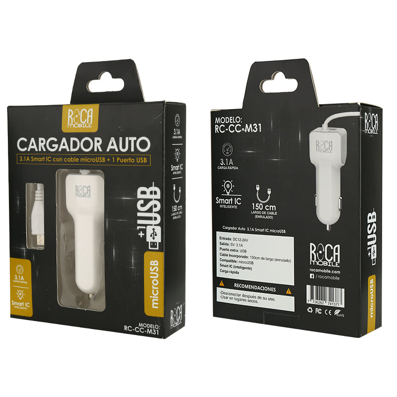 CARGADOR AUTO ROCA 3.1 A CARGA RÁPIDA MICROUSB+ USB