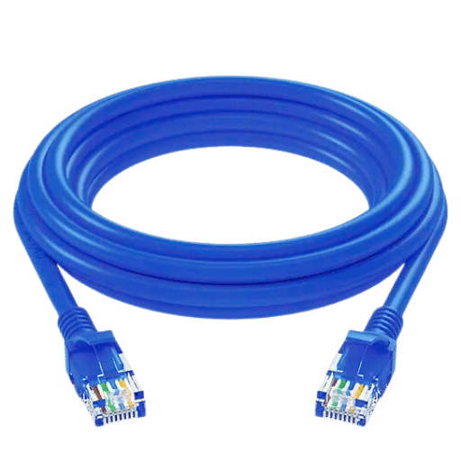 El CABLE DE RED 5M es un cable Ethernet azul enrollado con conectores RJ45 transparentes en ambos extremos, ideal para conexiones de red por cable.