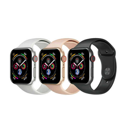 Se muestran tres relojes inteligentes WATCH T500 con bandas blanca, rosa y negra, uno al lado del otro, cada uno con una colorida pantalla digital con anillos de actividad e iconos.