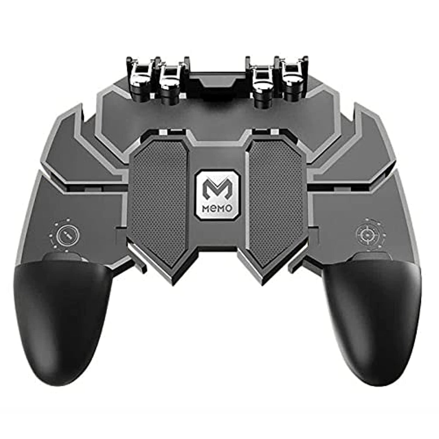 Un mando para juegos JOYSTICK PARA TELEFONO CON GATILLO AK 66 en negro y gris con empuñaduras ergonómicas, thumbsticks dobles, gatillos mecánicos y el logotipo de MEMO en el centro.