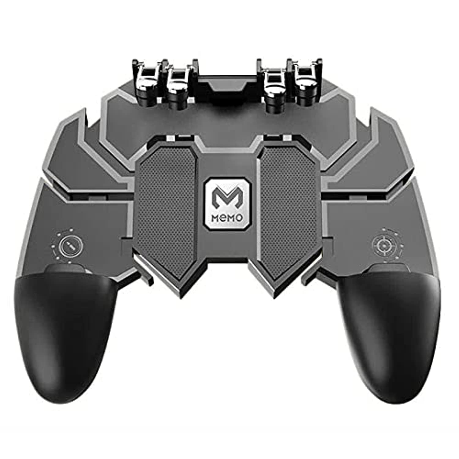 Un mando para juegos JOYSTICK PARA TELEFONO CON GATILLO AK 66 en negro y gris con empuñaduras ergonómicas, thumbsticks dobles, gatillos mecánicos y el logotipo de MEMO en el centro.