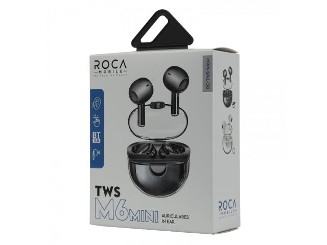Caja de venta al público de los auriculares inalámbricos AURICULARES ROCA M6 MINI, que muestra el estuche de carga abierto con los auriculares, el icono de Bluetooth 5.0 e información sobre el producto en español e inglés.
