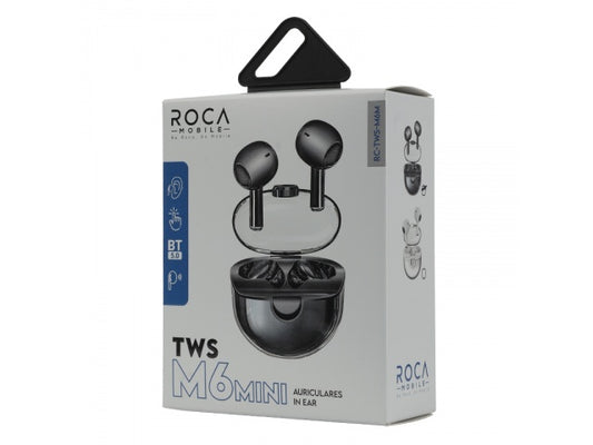 Caja de venta al público de los auriculares inalámbricos AURICULARES ROCA M6 MINI, que muestra el estuche de carga abierto con los auriculares, el icono de Bluetooth 5.0 e información sobre el producto en español e inglés.