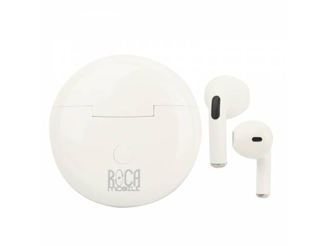 Los AURICULARES ROCA R6P INALAMBRICOS son unos auriculares inalámbricos de color blanco, con el logotipo de Roca Mobile y un estuche de carga redondo a juego, que se muestran sobre un fondo blanco liso.