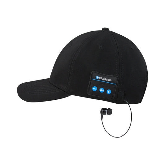 El GORRO CON AURICULARES es una gorra de béisbol negra que incorpora un panel de control Bluetooth con botones multimedia y un auricular en el lateral.