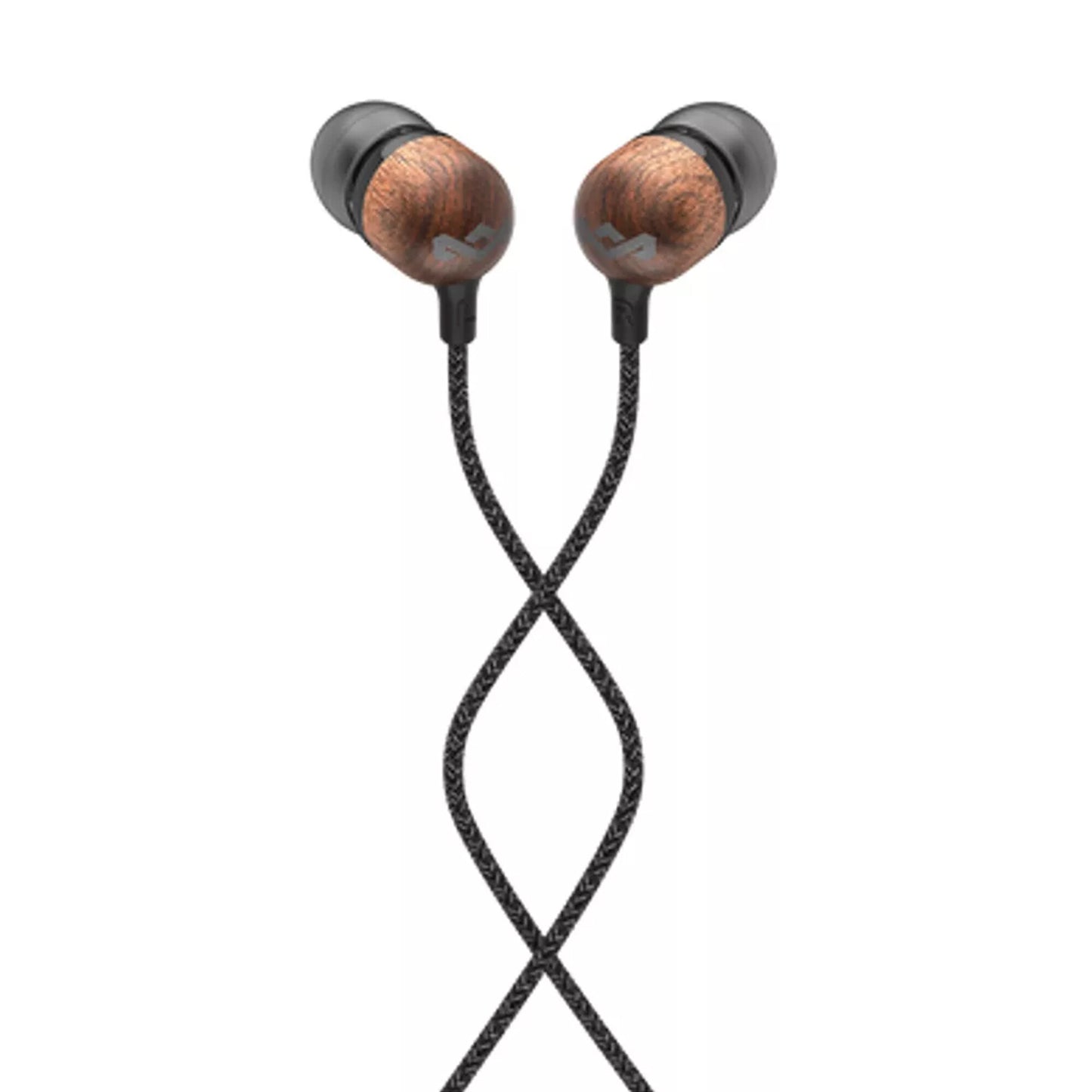 AURICULARES INALAMBRICOS MARLEY SMILE JAMAICA con carcasas de madera y cables trenzados negros, expuestos sobre fondo blanco.
