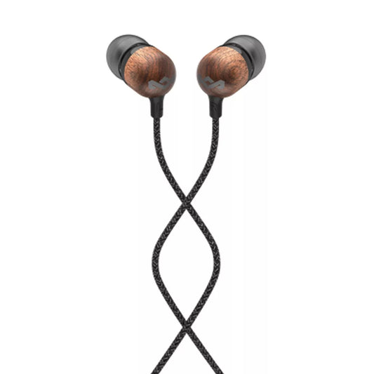 AURICULARES INALAMBRICOS MARLEY SMILE JAMAICA con carcasas de madera y cables trenzados negros, expuestos sobre fondo blanco.