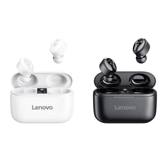 Dos pares de auriculares inalámbricos Lenovo HT18 con estuches de carga -uno blanco y otro negro-, cada uno de ellos con un único auricular levantado por encima de su estuche abierto.