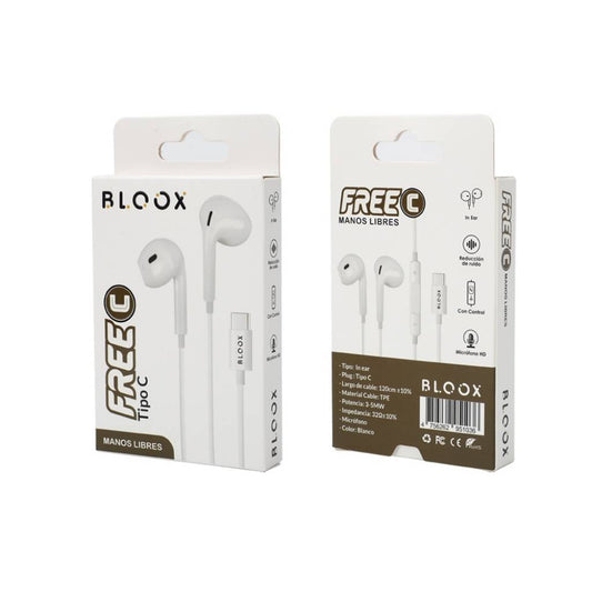 Se muestran dos cajas blancas de auriculares AURICULARES MANOS LIBRES BLOOX TIPO C. En el anverso se muestran los auriculares y la marca; en el reverso figuran las especificaciones y características del producto en español.