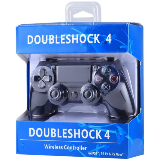 Se muestra un mando inalámbrico JOYSTICK PS4 GENÉRICO de color negro dentro de un embalaje azul de venta al público, parecido a un mando de PlayStation, con botones y joysticks visibles a través de una ventana de plástico transparente.
