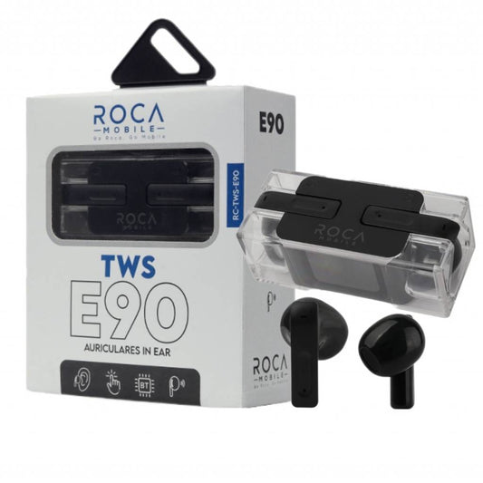 Un par de auriculares inalámbricos AURICULARES BLOOX TWS E90 INALAMBRICOS negros con estuche de carga junto a su caja blanca y azul.