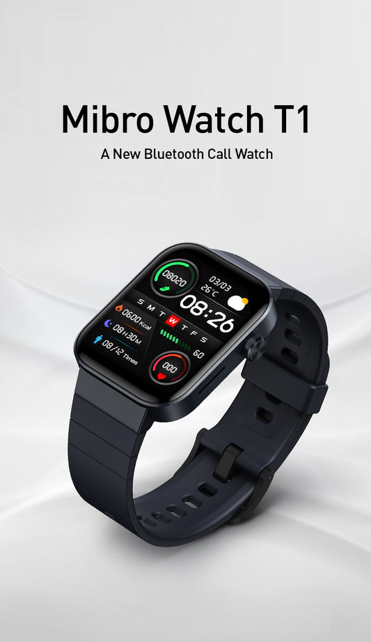 Se muestra un smartwatch RELOJ MIBRO T1 negro sobre fondo blanco, destacando su colorida pantalla táctil con iconos de hora, fecha, salud y notificaciones. El texto superior dice: RELOJ MIBRO T1: Un nuevo reloj Bluetooth para llamadas.